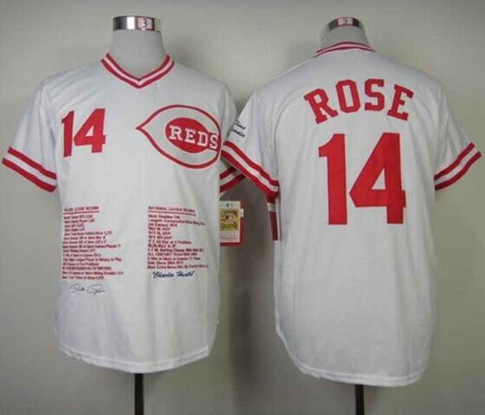 MLB Reds 14 Pete Rose White Commemorative Edition Mitchell and Ness Men Jersey