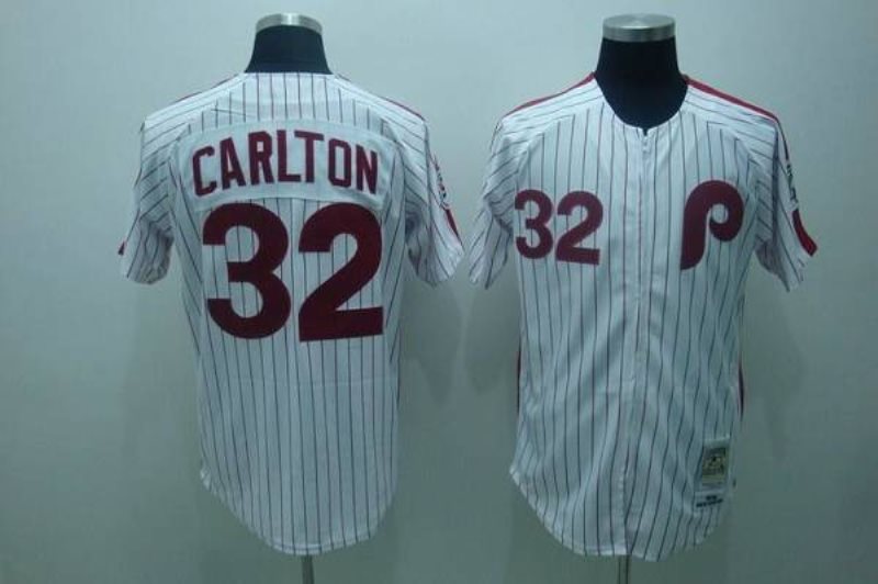 MLB Phillies 32 Steve Carlton White Red Strip Mitchell and Ness Throwback Men Jersey