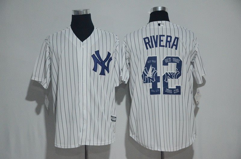 MLB Yankees 42 Mariano Rivera White Team Logo Print Cool Base Men Jersey