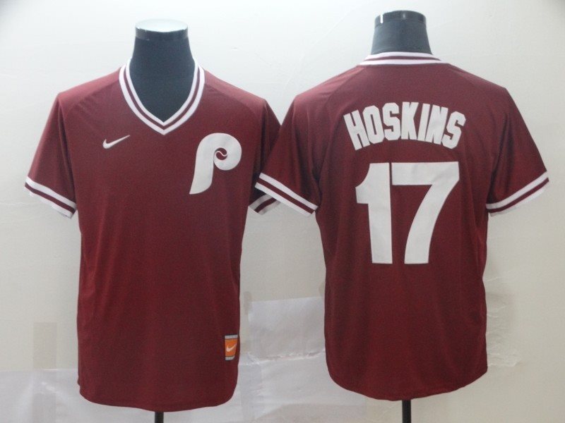 MLB Phillies 17 Rhys Hoskins Red Nike Cooperstown Collection Legend V-Neck Men Jersey