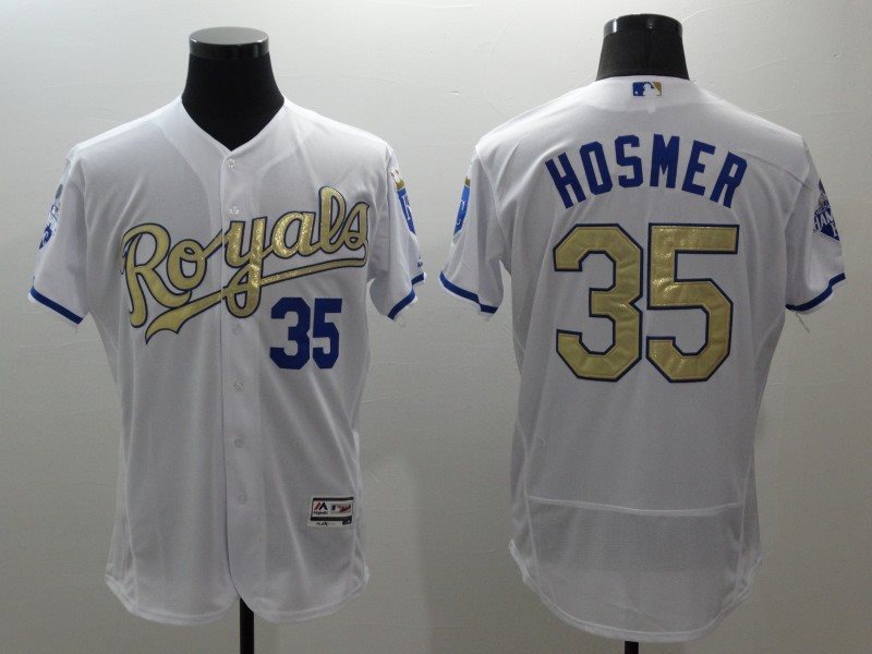 MLB Royals 35 Eric Hosmer White 2015 World Series Champions Gold Flexbase Men Jersey