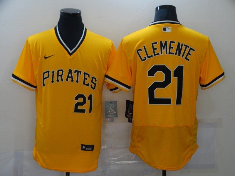 MLB Pirates 21 Roberto Clemente Yellow Nike Cool Base Men Jersey