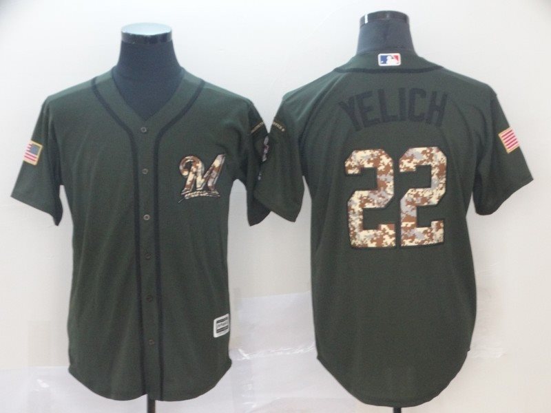 MLB Brewers 22 Christian Yelich Green Salute to Service Men Jersey