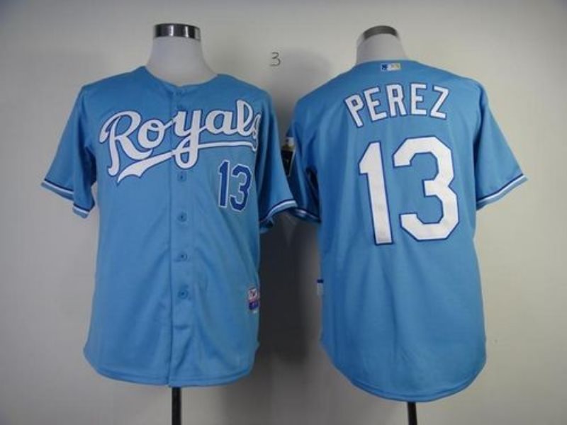 MLB Royals 13 Salvador Perez Light Blue Base Men Jersey