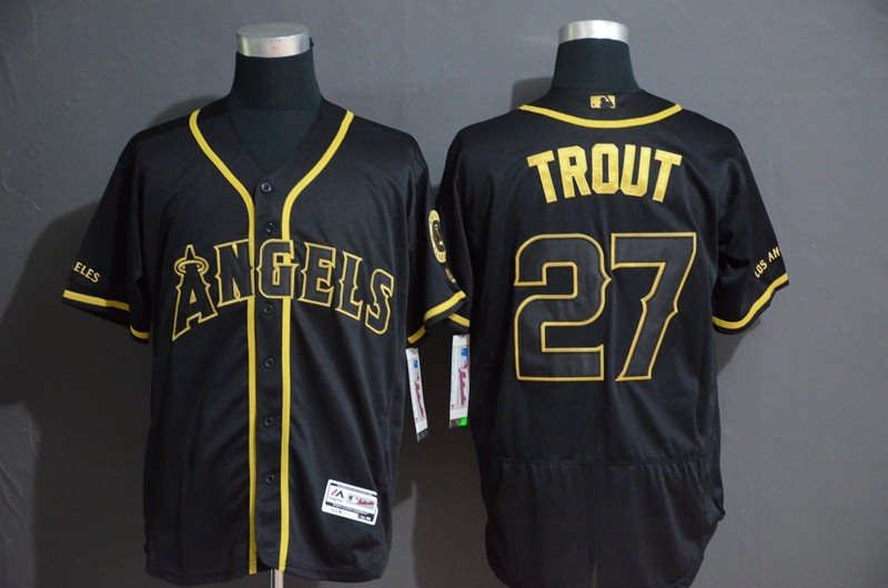 MLB Angels 27 Mike Trout Black Gold Flexbase Men Jersey