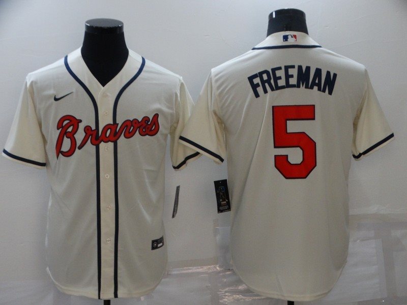 MLB Braves 5 Freddie Freeman Cream Nike Cool Base Men Jersey