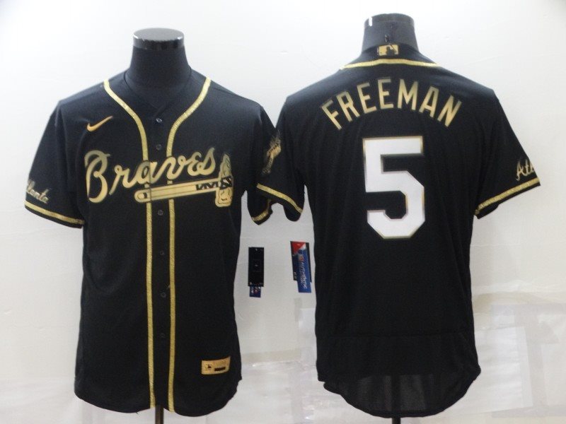 MLB Braves 5 Freddie Freeman Black Gold Nike Flexbase Men Jersey