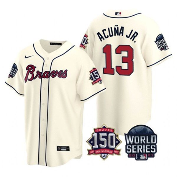 MLB Braves 13 Ronald Acuna Jr. Cream 2021 World Series With 150th Anniversary Patch Cool Base Men Jersey