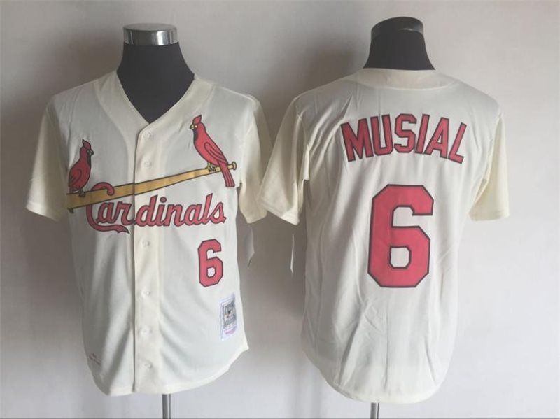 MLB Cardinals 6 Stan Musial Cream Mitchell and Ness Throwback Men Jersey