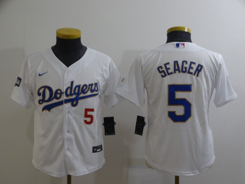 MLB LA Dodgers 5 Corey Seager White Gold Champion Cool Base Youth Jersey
