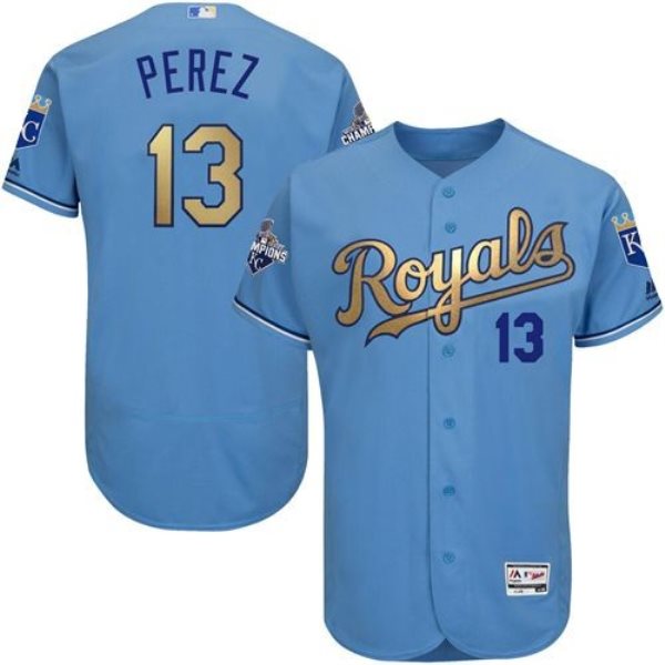 MLB Royals 13 Salvador Perez Blue FlexBase 2015 World Series Champions Gold Men Jersey
