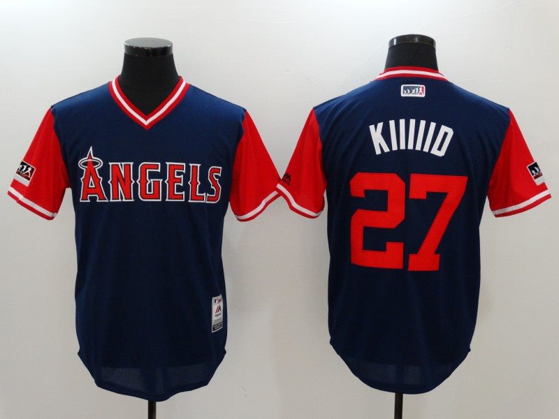 MLB Angels 27 Mike Trout KIIIIID Navy 2018 Players' Weekend Authentic Men Jersey