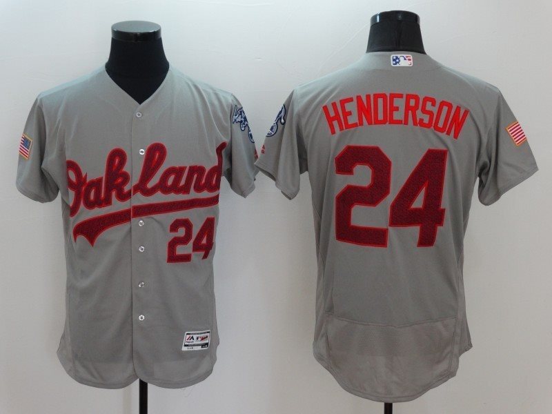 MLB Athletics 24 Rickey Henderson Grey Stars and Stripes Flexbase Men Jersey
