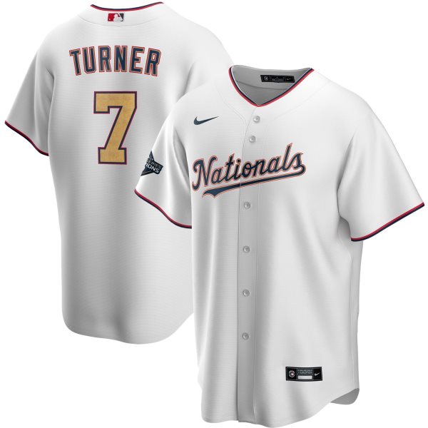 MLB Nationals 7 Trea Turner White Gold 2020 Nike Gold Program Cool Base Men Jersey