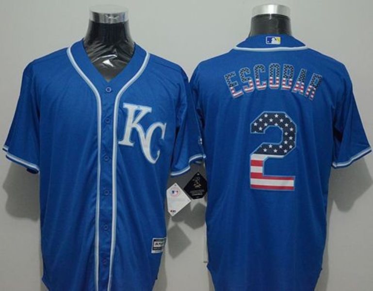 MLB Royals 2 Alcides Escobar Blue USA Flag Fashion Men Jersey
