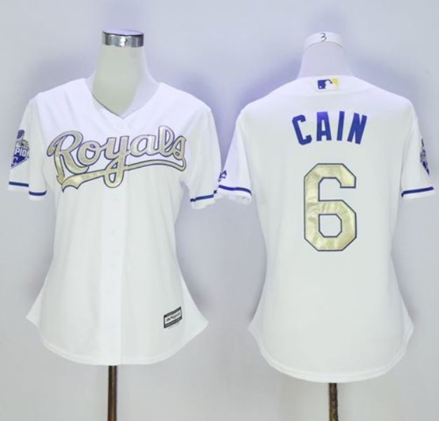 MLB Royals 6 Lorenzo Cain White 2015 World Series Champions Gold Women Jersey