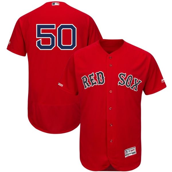 MLB Red Sox 50 Mookie Betts Scarlet 150th Patch FlexBase Men Jersey