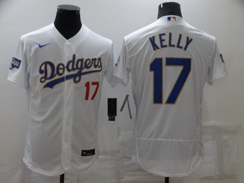 MLB Dodgers 17 Joe Kelly White Gold 2020 World Series Nike Flexbase Men Jersey