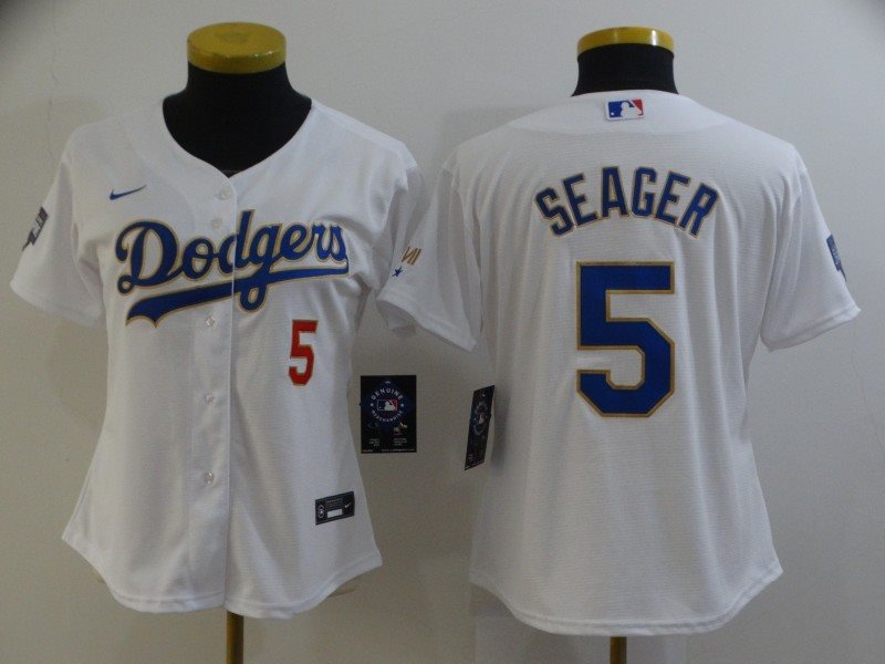 MLB Dodgers 5 Corey Seager White Gold Champion Cool Base Women Jersey