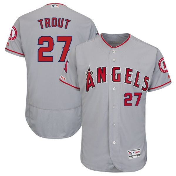 MLB Angels 27 Mike Trout Gray 150th Patch Flexbase Men Jersey