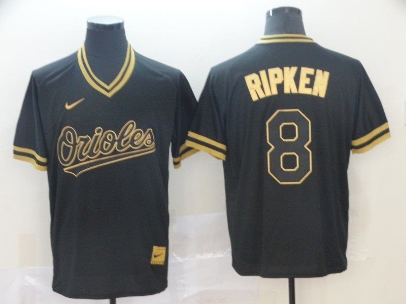 MLB Orioles 8 Cal Ripken Jr Black Gold Nike Cooperstown Legend V Neck Men Jersey