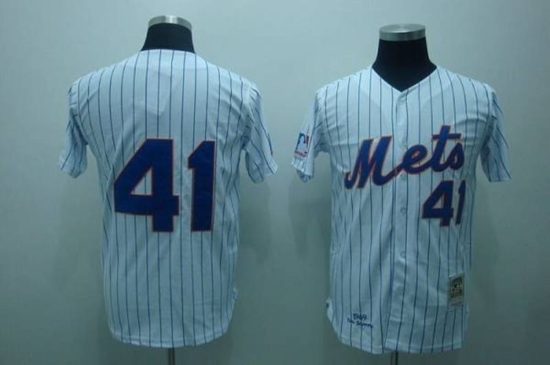 MLB Mets 41 Tom Seaver White Blue Strip Mitchell and Ness Throwback Men Jersey