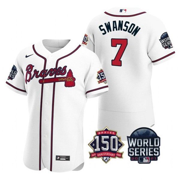 MLB Braves 7 Dansby Swanson White 2021 World Series With 150th Anniversary Patch Cool Base Men Jersey