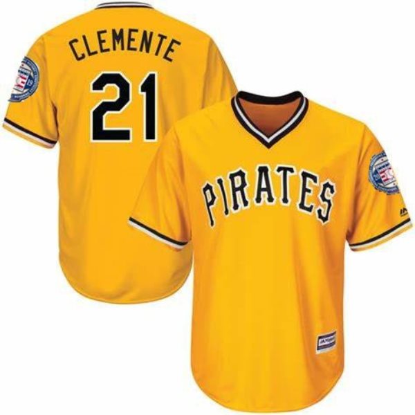 MLB Pirates 21 Roberto Clemente Yellow 2019 Hall of Fame Induction Patch Throwback Men Jersey