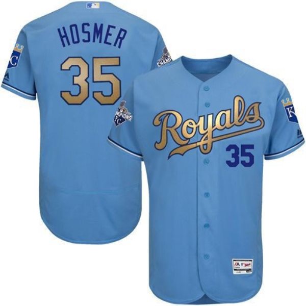 MLB Royals 35 Eric Hosmer Blue FlexBase 2015 World Series Champions Gold Men Jersey