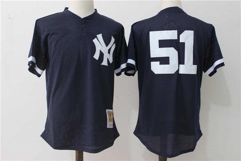 MLB Yankees 51 Bernie Williams Navy Blue Mitchell and Ness Throwback Men Jersey