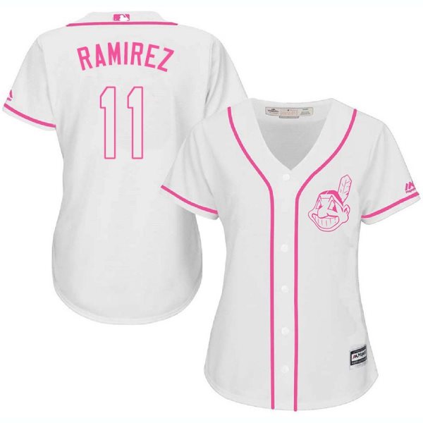 MLB Indians 11 Jose Ramirez White Pink Cool Base Women Jersey