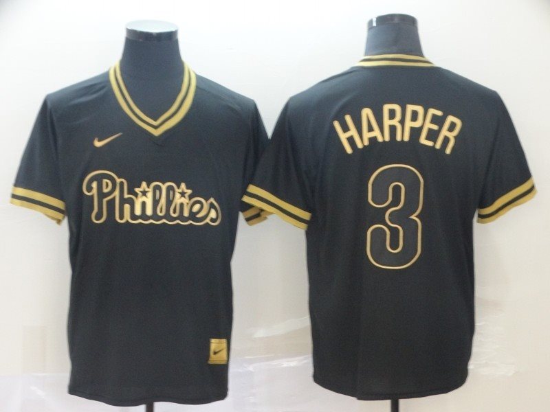 MLB Phillies 3 Bryce Harper Black Gold Nike Cooperstown Legend V Neck Men Jersey