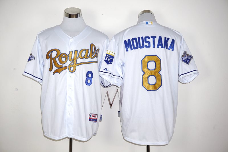 MLB Royals 8 Mike Moustakas White 2015 World Series Champions Gold Men Jersey