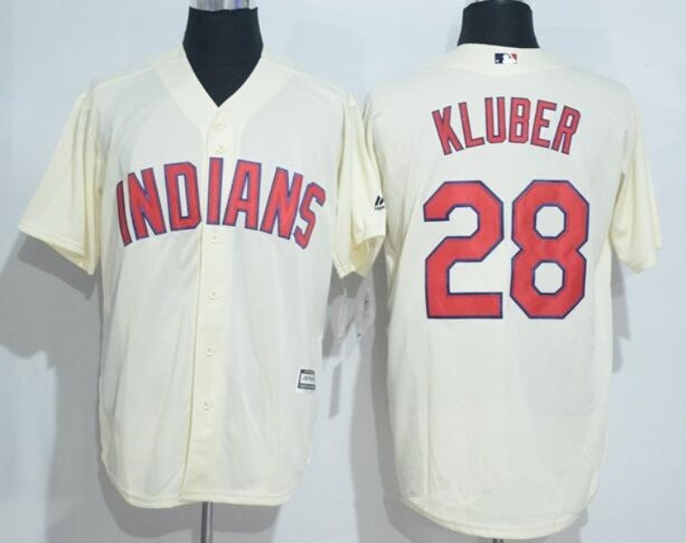 MLB Indians 28 Corey Kluber Cream Majestic Cool Base Men Jersey