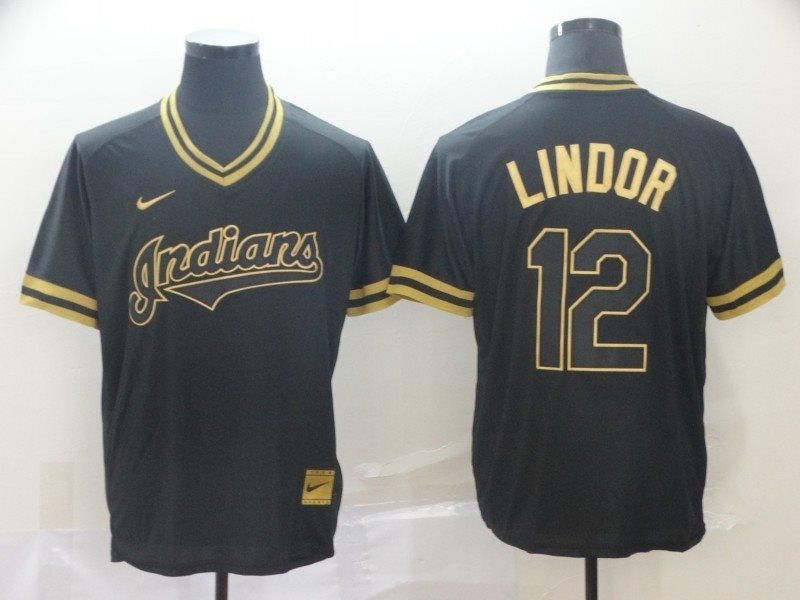 MLB Indians 12 Francisco Lindor Black Gold Nike Cooperstown Legend V Neck Men Jersey