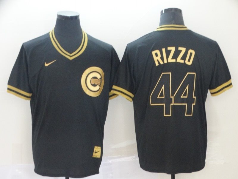 MLB Cubs 44 Anthony Rizzo Black Gold Nike Cooperstown Legend V Neck Men Jersey