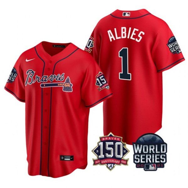 MLB Braves 1 Ozzie Albies Red 2021 World Series With 150th Anniversary Patch Cool Base Men Jersey