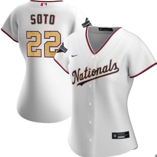 MLB Nationals 22 Juan Soto White Gold 2020 Nike Gold Program Cool Base Women Jersey