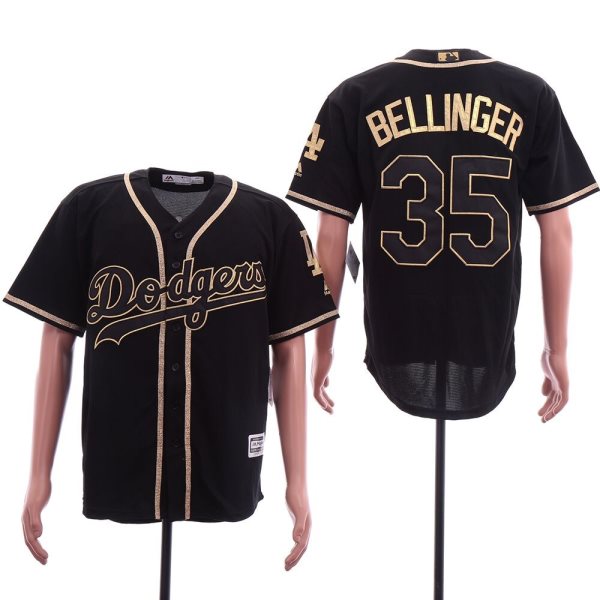 MLB Dodgers 35 Cody Bellinger Black Gold Cool Base Men Jersey