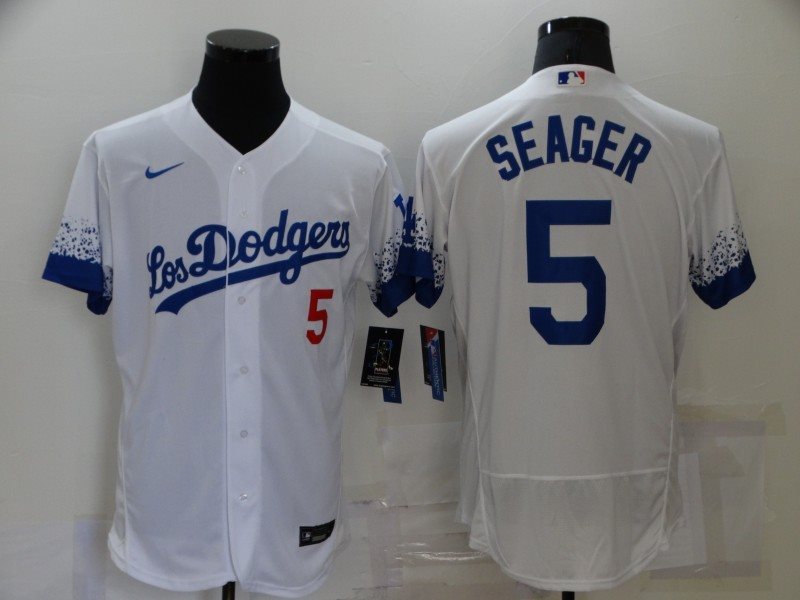 MLB Dodgers 5 Corey Seager White 2021 City Connect Flexbase Men Jersey