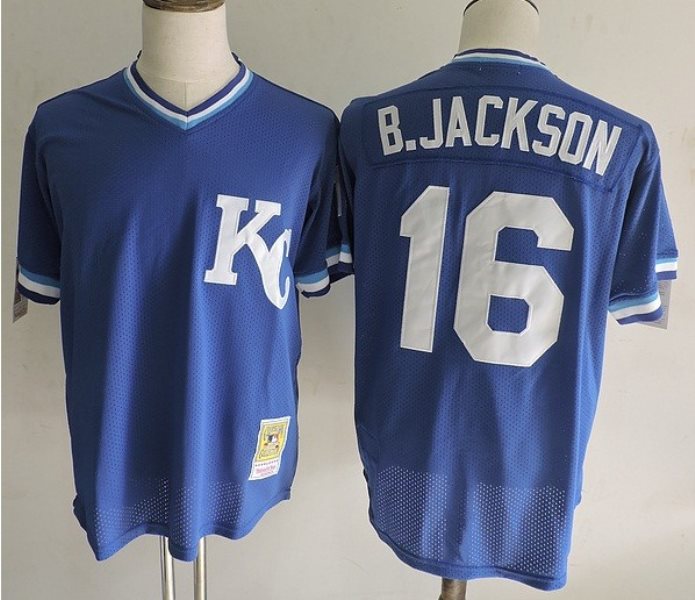MLB Royals 16 Bo Jackson Blue Thrwoback Men Jersey