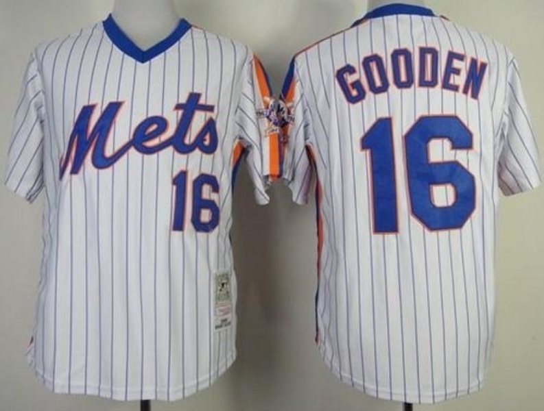 Mitchell and Ness Mets 16 Dwight Gooden White Blue Strip Throwback MLB Jersey