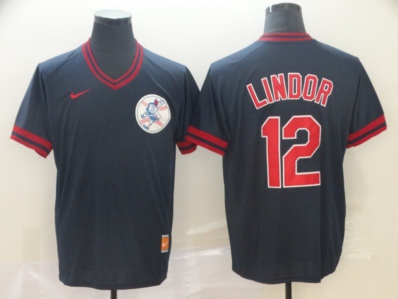 MLB Indians 12 Francisco Lindor Navy Nike Cooperstown Collection Legend V-Neck Men Jersey