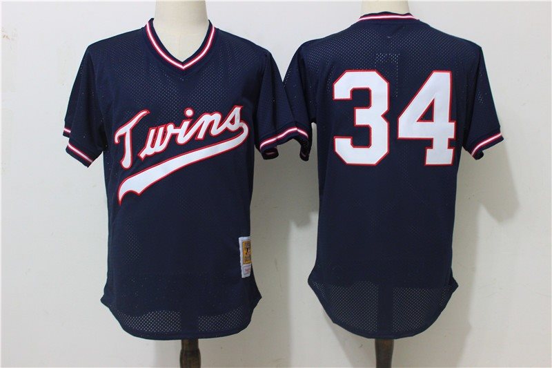 MLB Twins 34 Kirby Puckett Navy Blue Mitchell and Ness Throwback Men Jersey