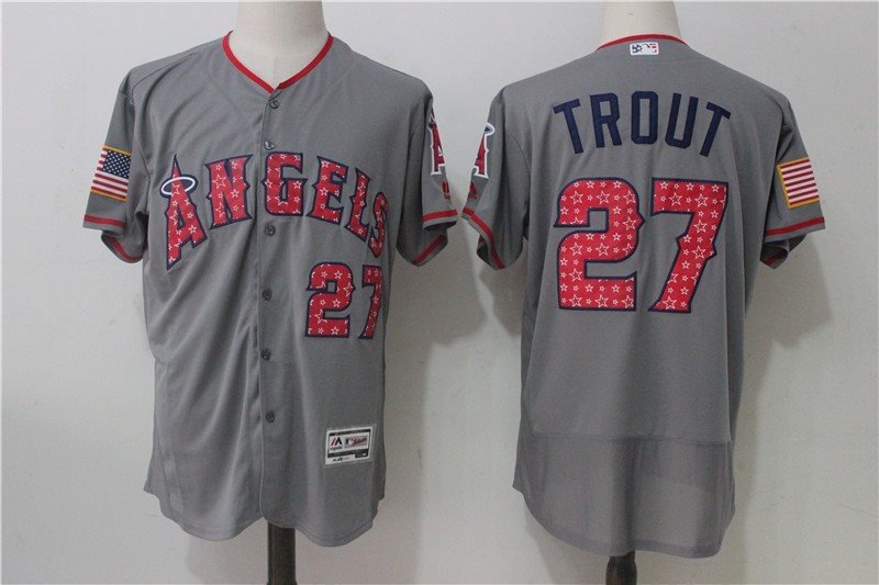 MLB Angels 27 Mike Trout Majestic Gray 2017 Stars and Stripes FlexBase Men Jersey