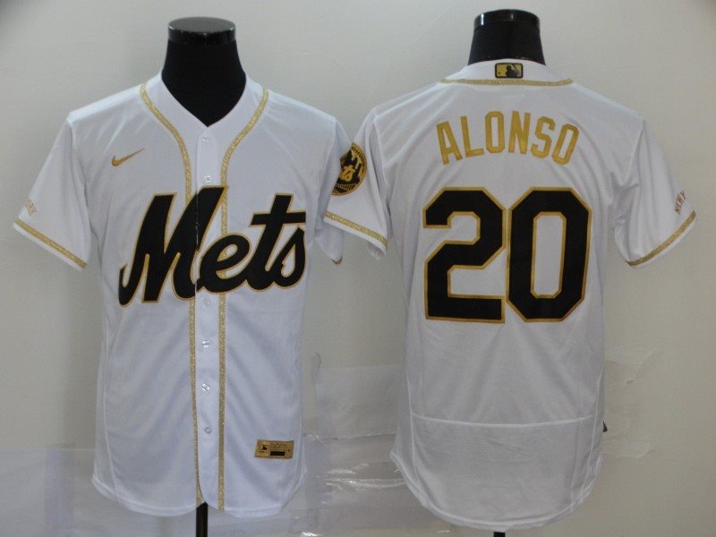 MLB Mets 20 Pete Alonso White Gold 2020 Nike Flexbase Men Jersey
