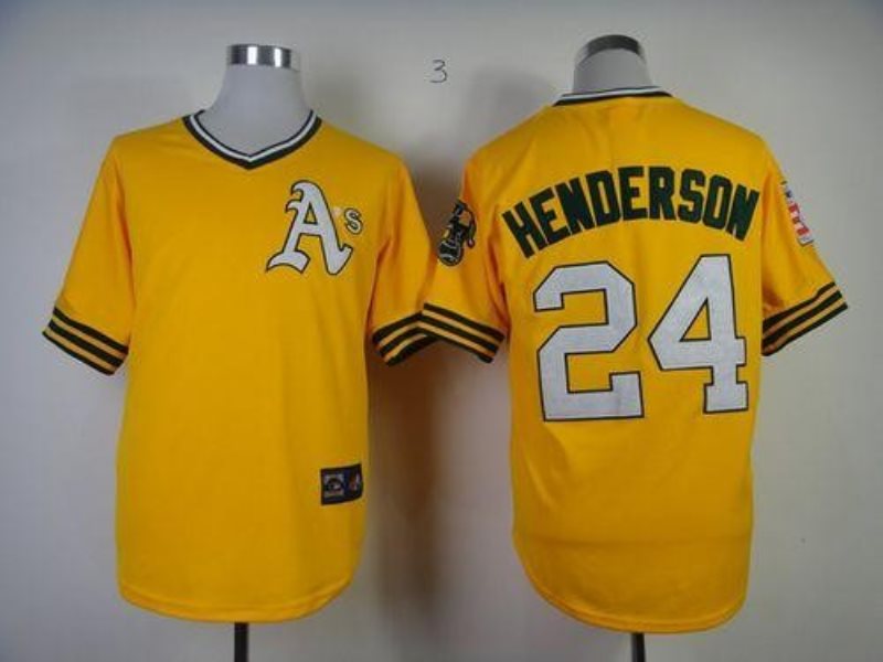 MLB Athletics 24 Rickey Henderson Yellow Mitchell and Ness Throwback Men Jersey
