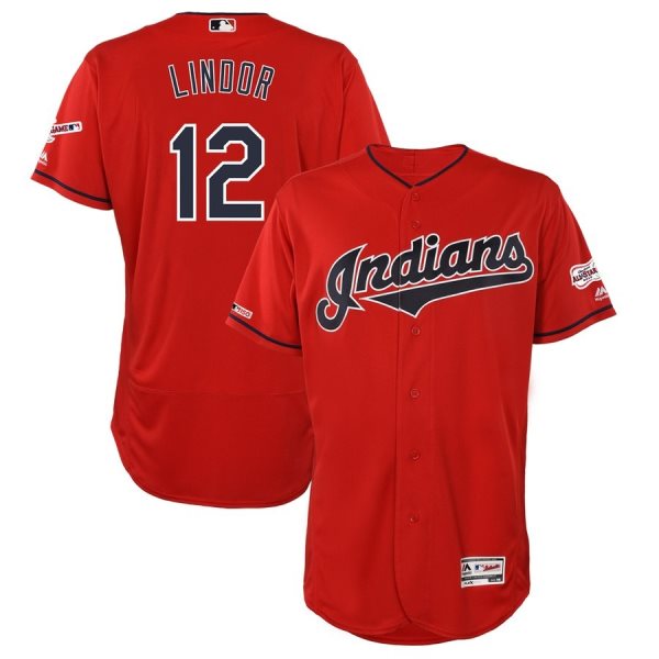 MLB Indians 12 Francisco Lindor Red 150th Patch Flexbase Men Jersey
