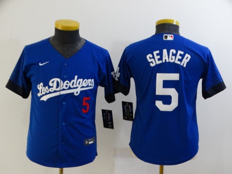 MLB Dodgers 5 Corey Seager Royal 2021 City Connect Cool Base Youth Jersey