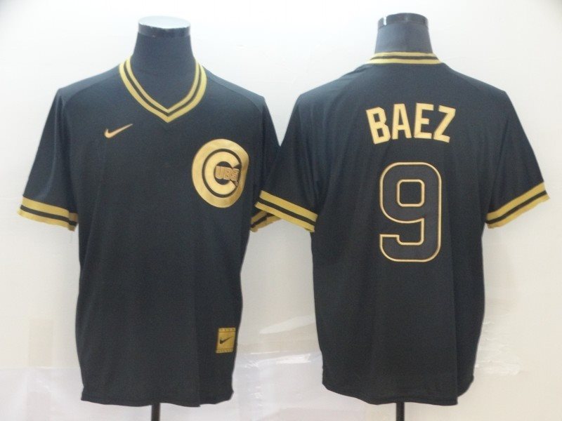 MLB Cubs 9 Javier Baez Black Gold Nike Cooperstown Legend V Neck Men Jersey